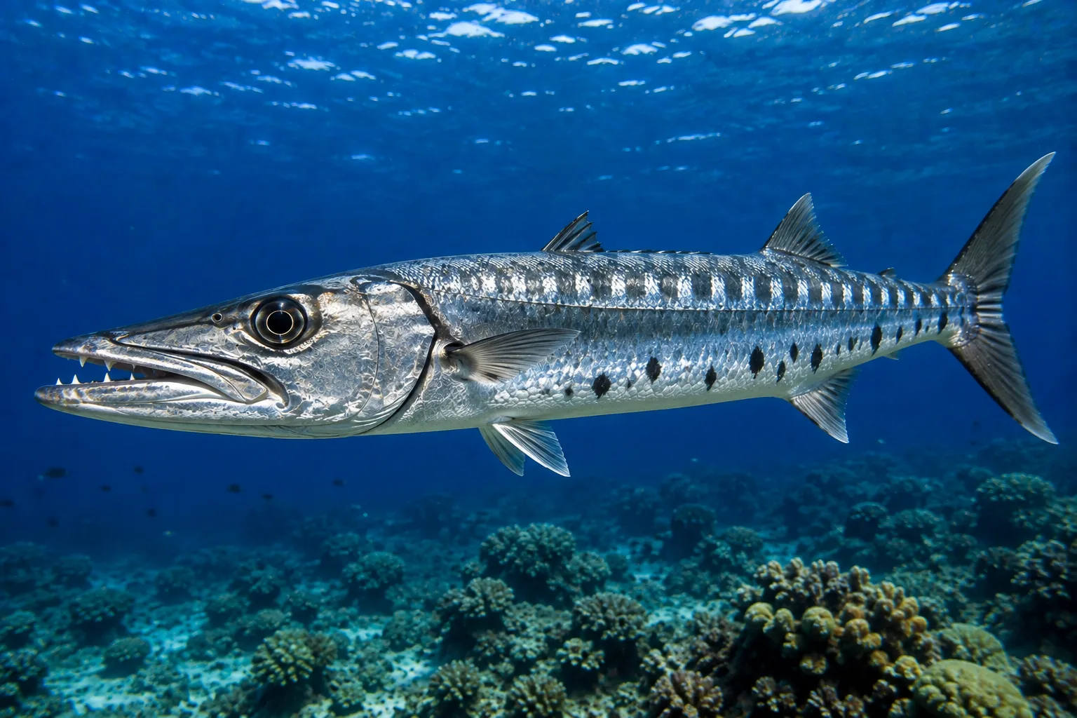 Barracuda cruising above a reef edge