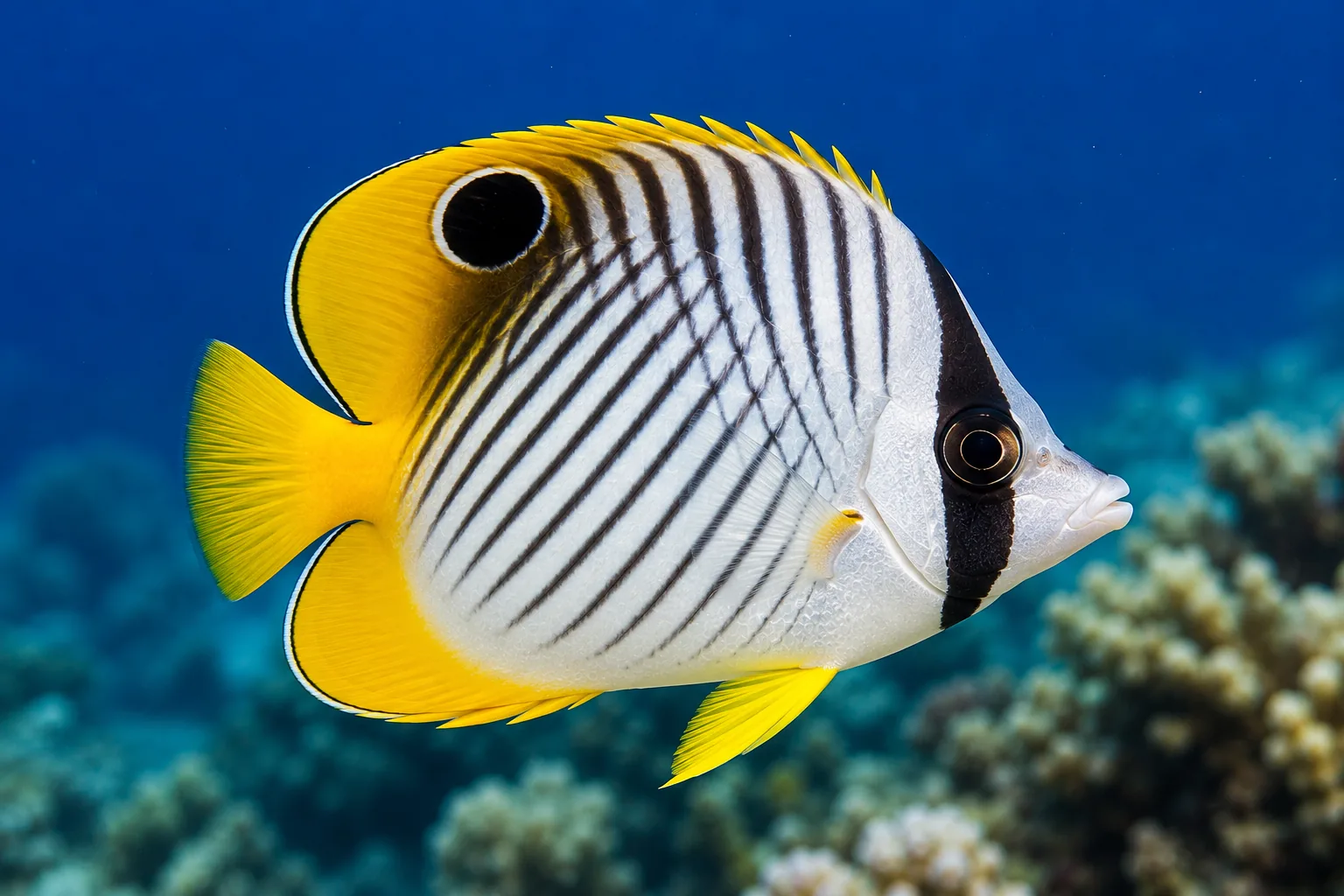 Yellow and white butterflyfish over coral