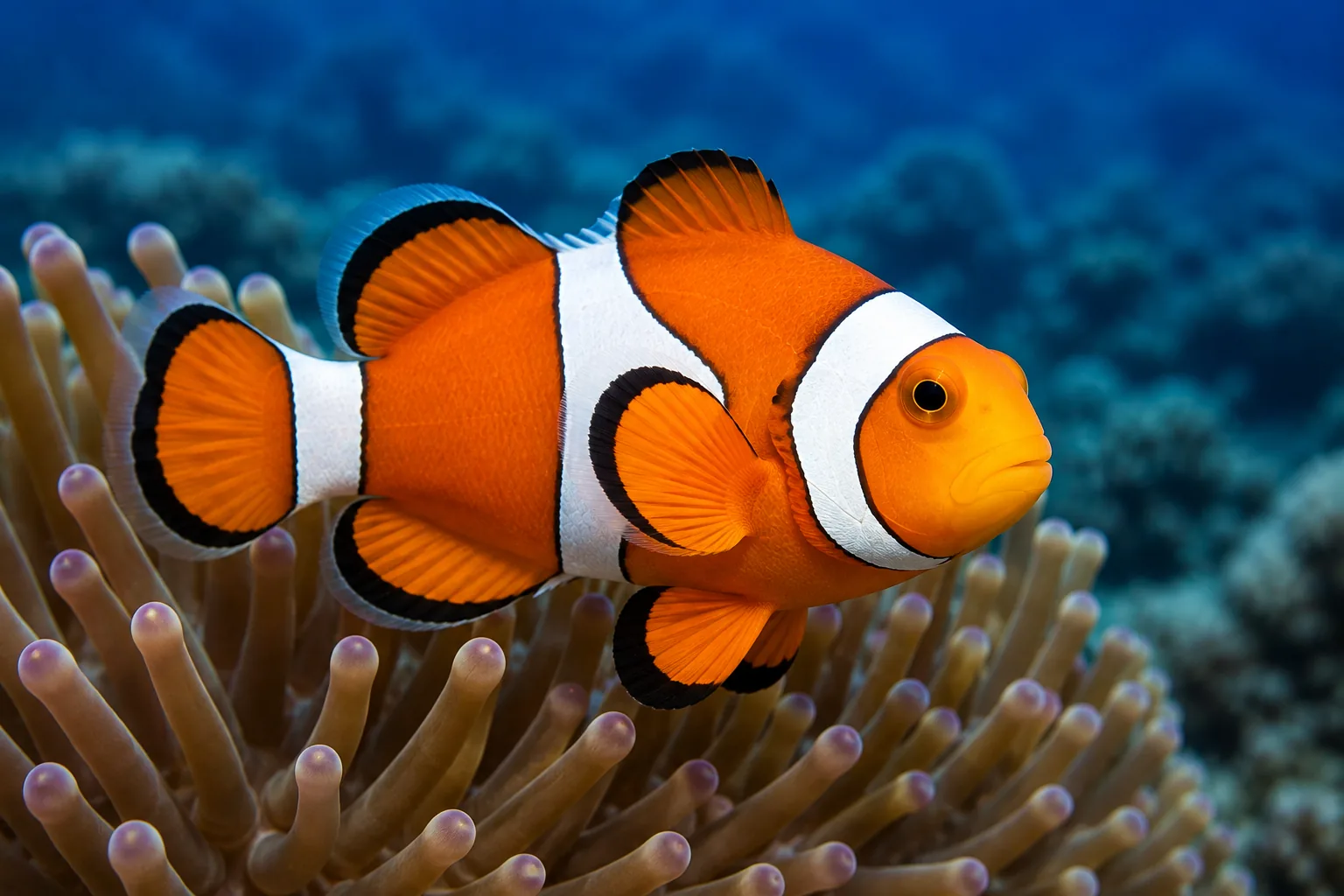 Clownfish sheltered among anemone tentacles