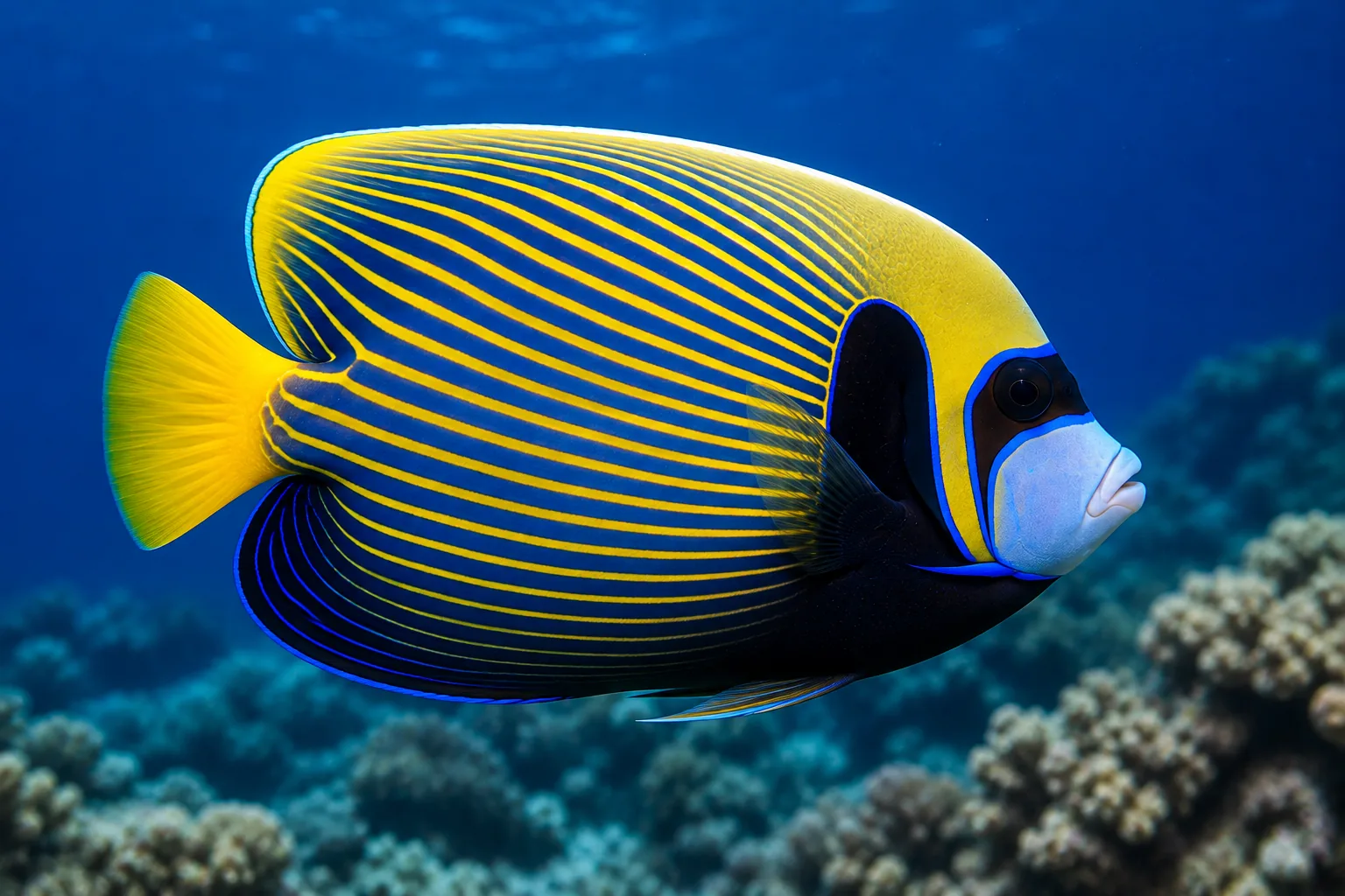 Emperor angelfish beside a coral reef