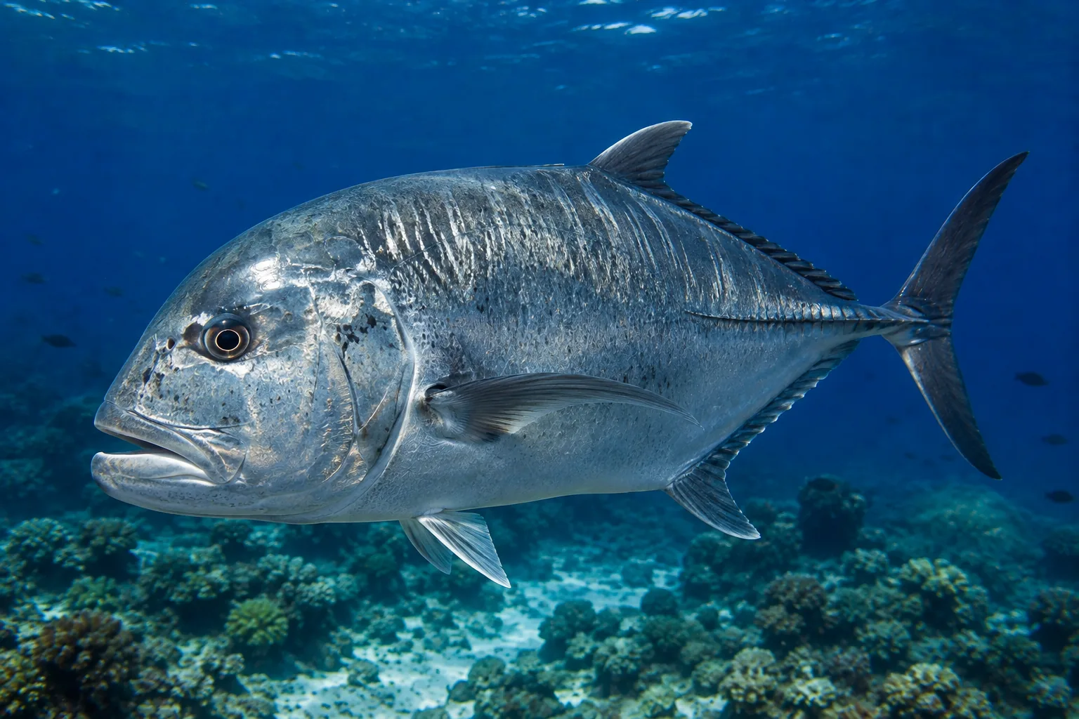 Giant trevally swimming in blue water