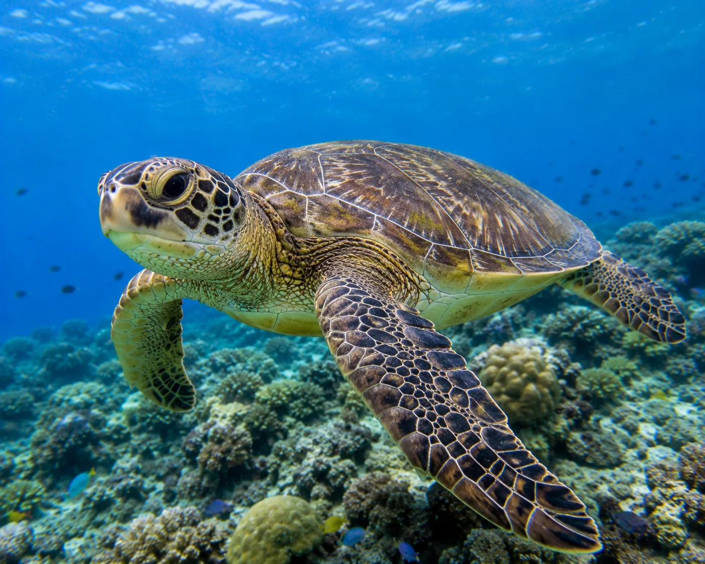 Green sea turtle swimming above coral