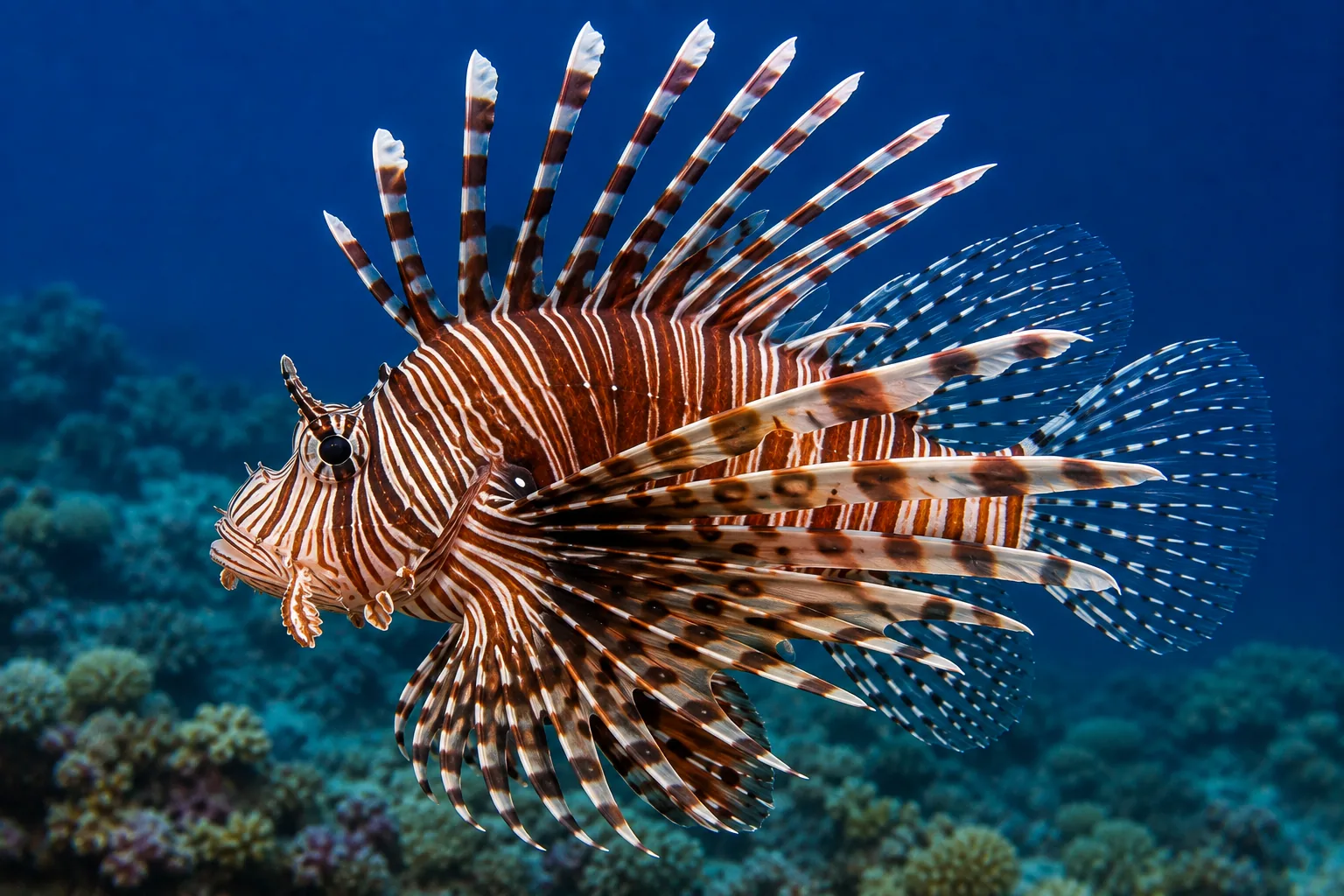 Lionfish displaying striped body and fan-like fins