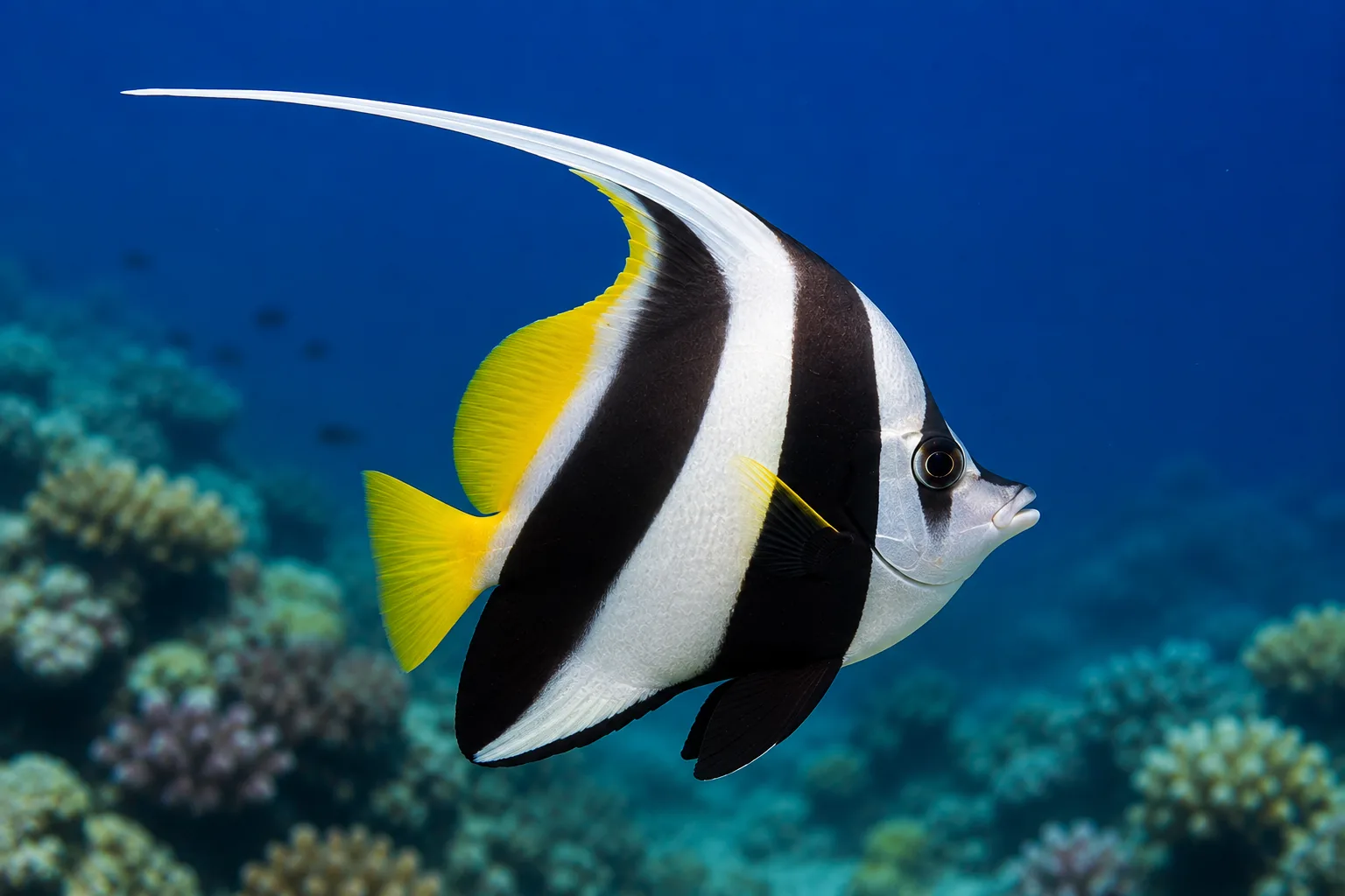 Moorish idol swimming above coral
