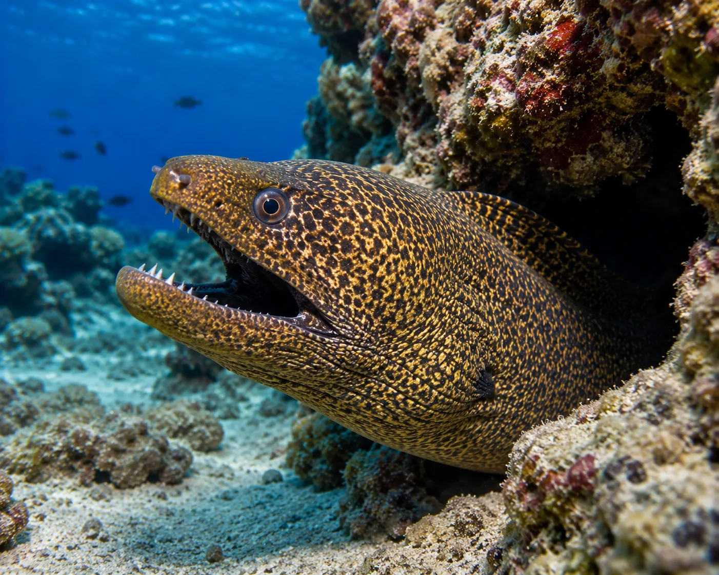 Moray eel looking out from a reef crevice