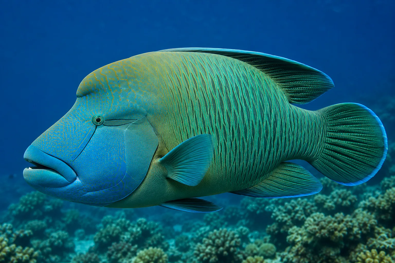 Large Napoleon wrasse swimming over the reef