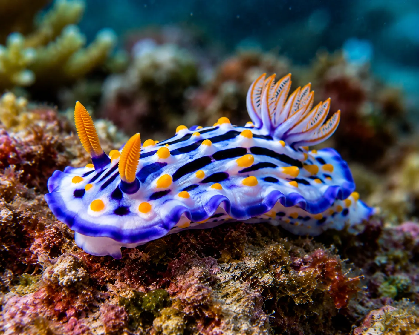 Colorful nudibranch moving over reef substrate