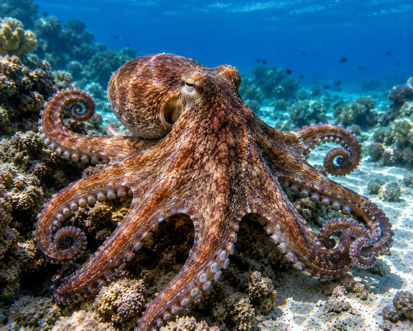 Octopus extending its arms across a reef