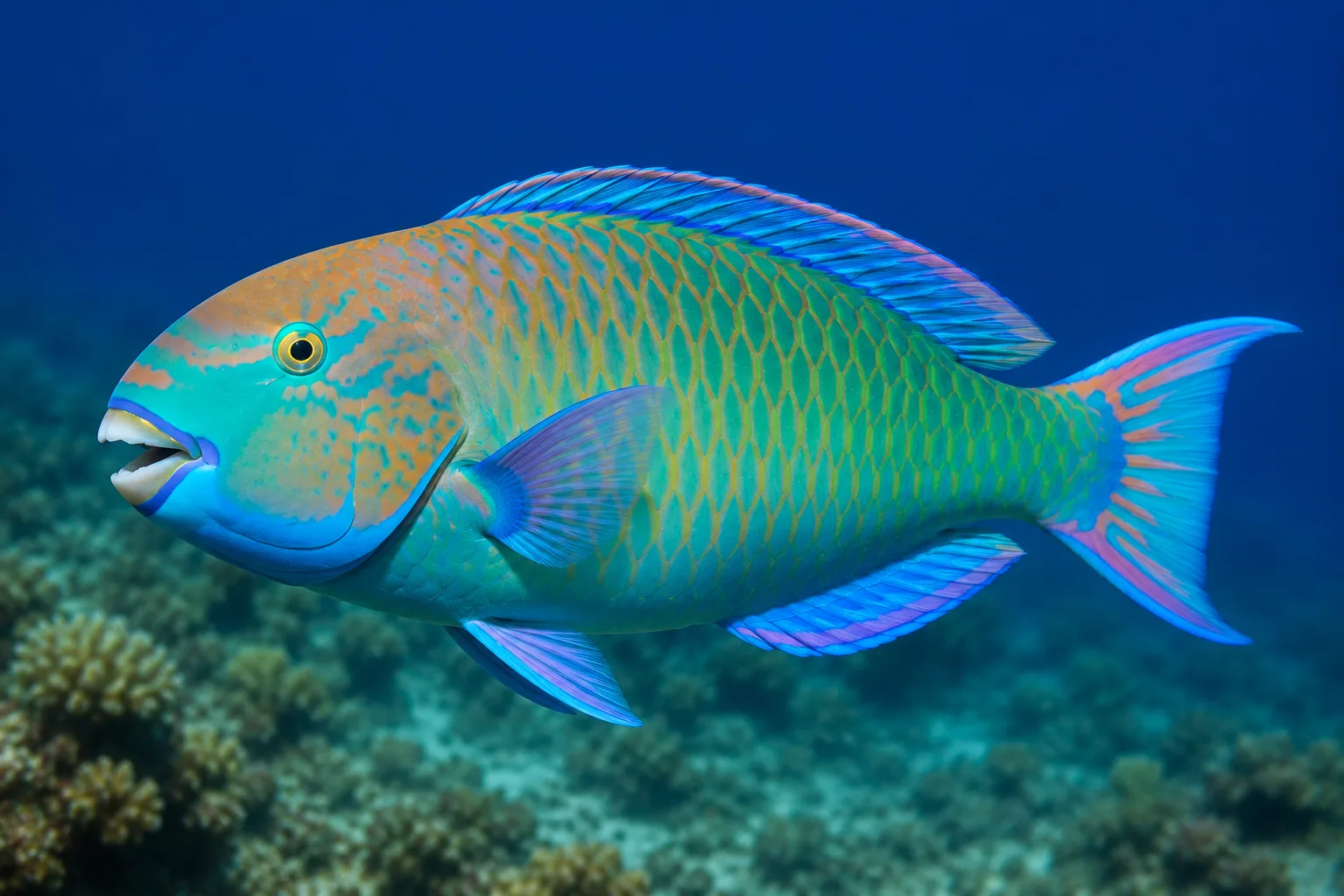 Colorful parrotfish swimming over coral