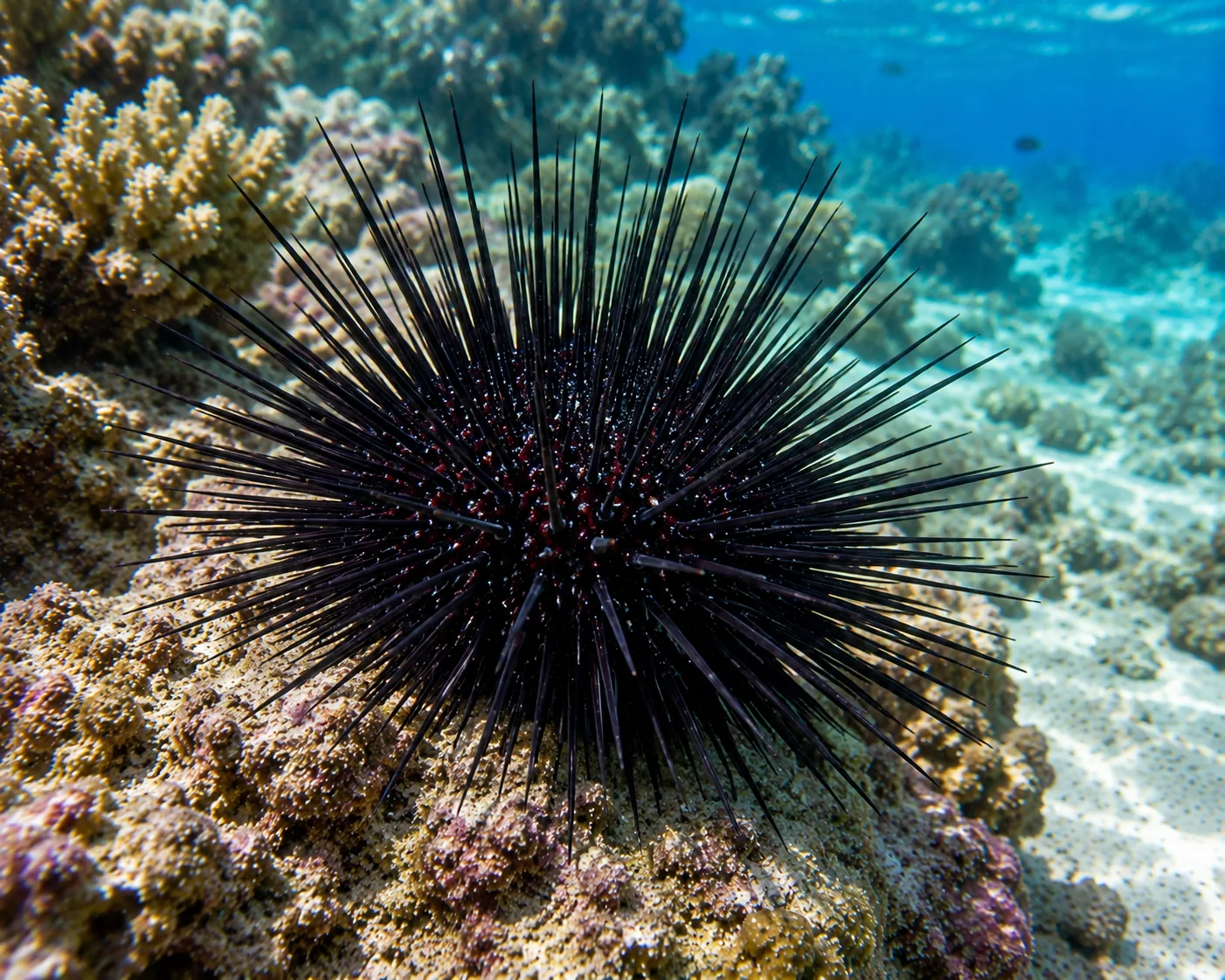Long-spined sea urchin in a reef crevice
