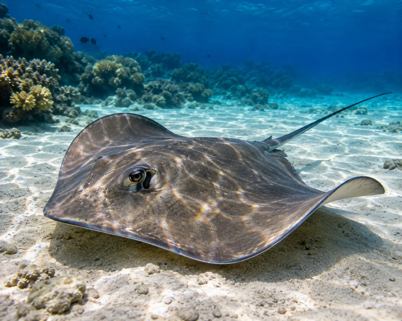 Stingray resting on a sandy seabed