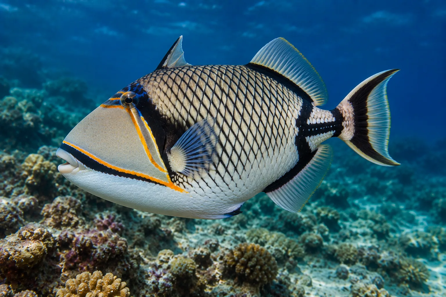 Triggerfish swimming near coral