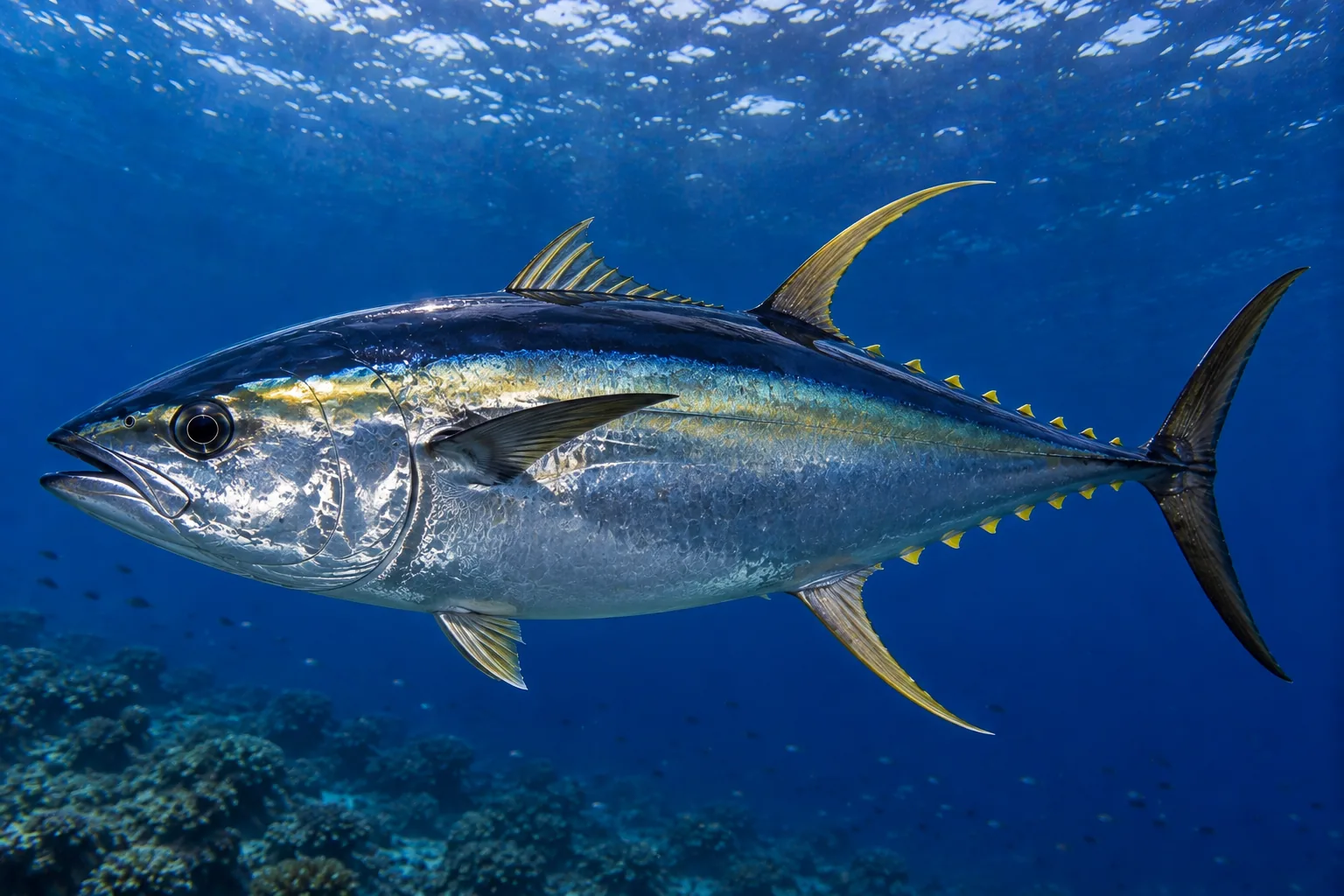 Tuna swimming through open blue water